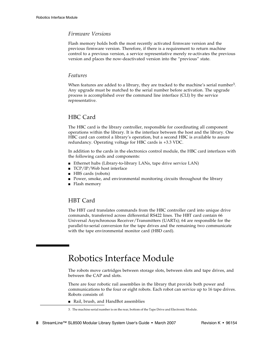 Hbc card, Hbt card, Robotics interface module | Hbt card 8, Firmware versions, Features | Sun Microsystems StreamLine SL8500 User Manual | Page 48 / 200