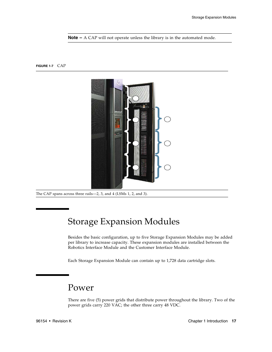 Storage expansion modules, Power, Storage expansion modules 1 | Figure 1-7, Power” on | Sun Microsystems StreamLine SL8500 User Manual | Page 57 / 200