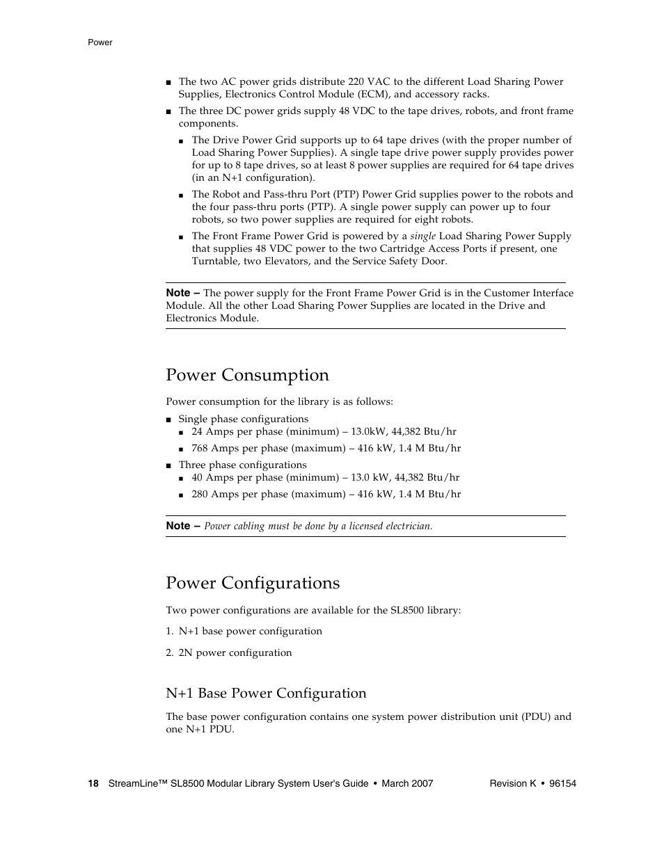 Power consumption, Power configurations, N+1 base power configuration | Power configurations 18, N+1 base power configuration 1 | Sun Microsystems StreamLine SL8500 User Manual | Page 58 / 200