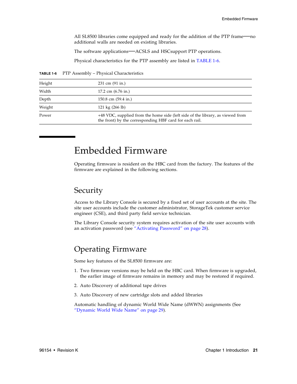 Embedded firmware, Security, Operating firmware | Security 21, Operating firmware 21, Table 1-6 | Sun Microsystems StreamLine SL8500 User Manual | Page 61 / 200