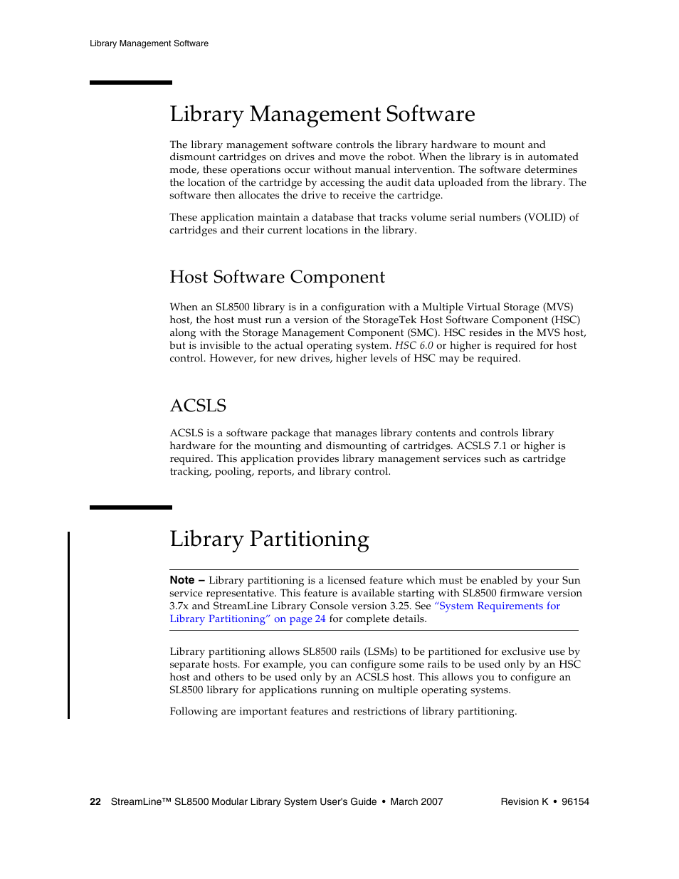 Library management software, Host software component, Acsls | Library partitioning, Library management software 22, Host software component 22, Acsls 22 | Sun Microsystems StreamLine SL8500 User Manual | Page 62 / 200