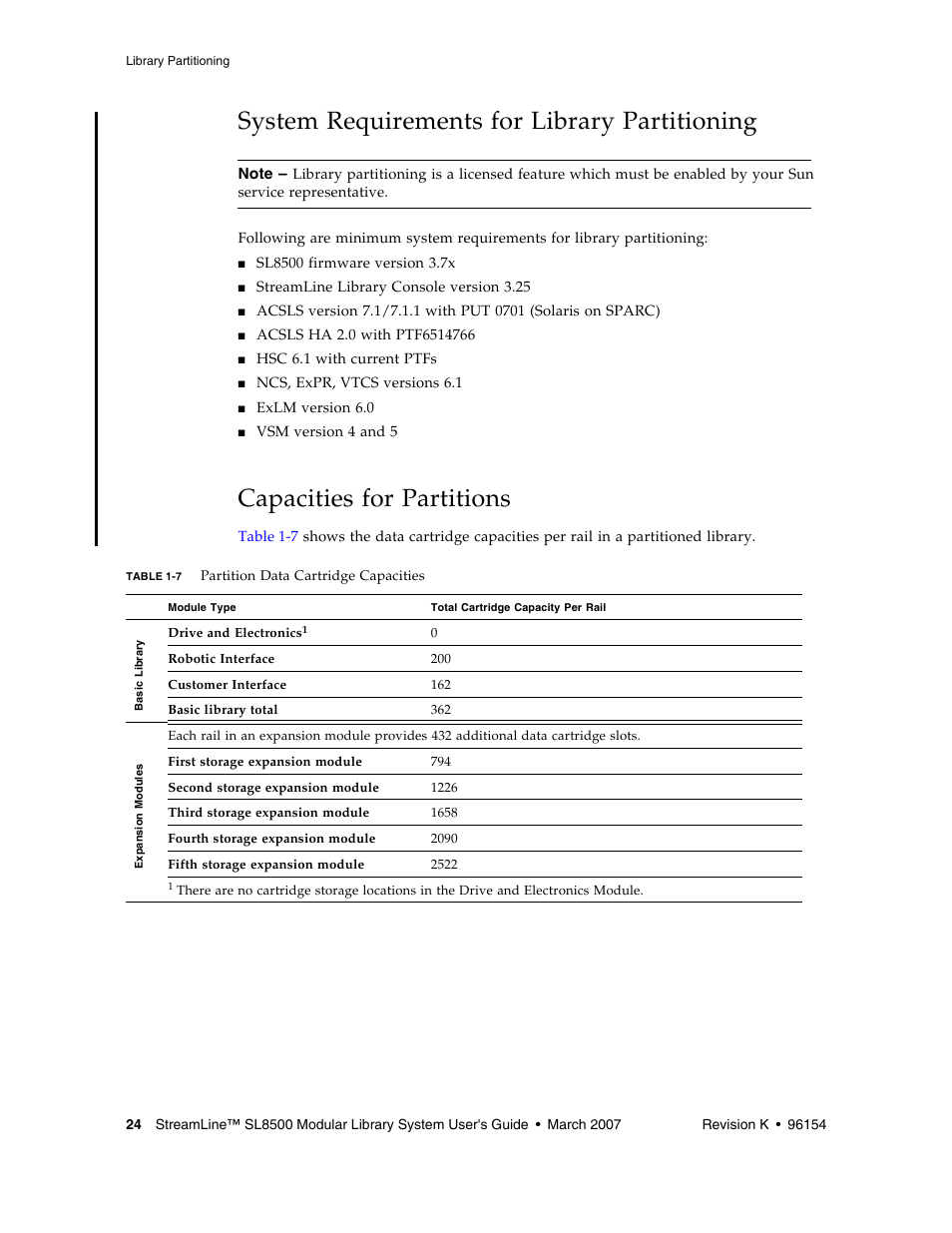 System requirements for library partitioning, Capacities for partitions, Capacities for partitions 24 | Table 1-7, System requirements for | Sun Microsystems StreamLine SL8500 User Manual | Page 64 / 200