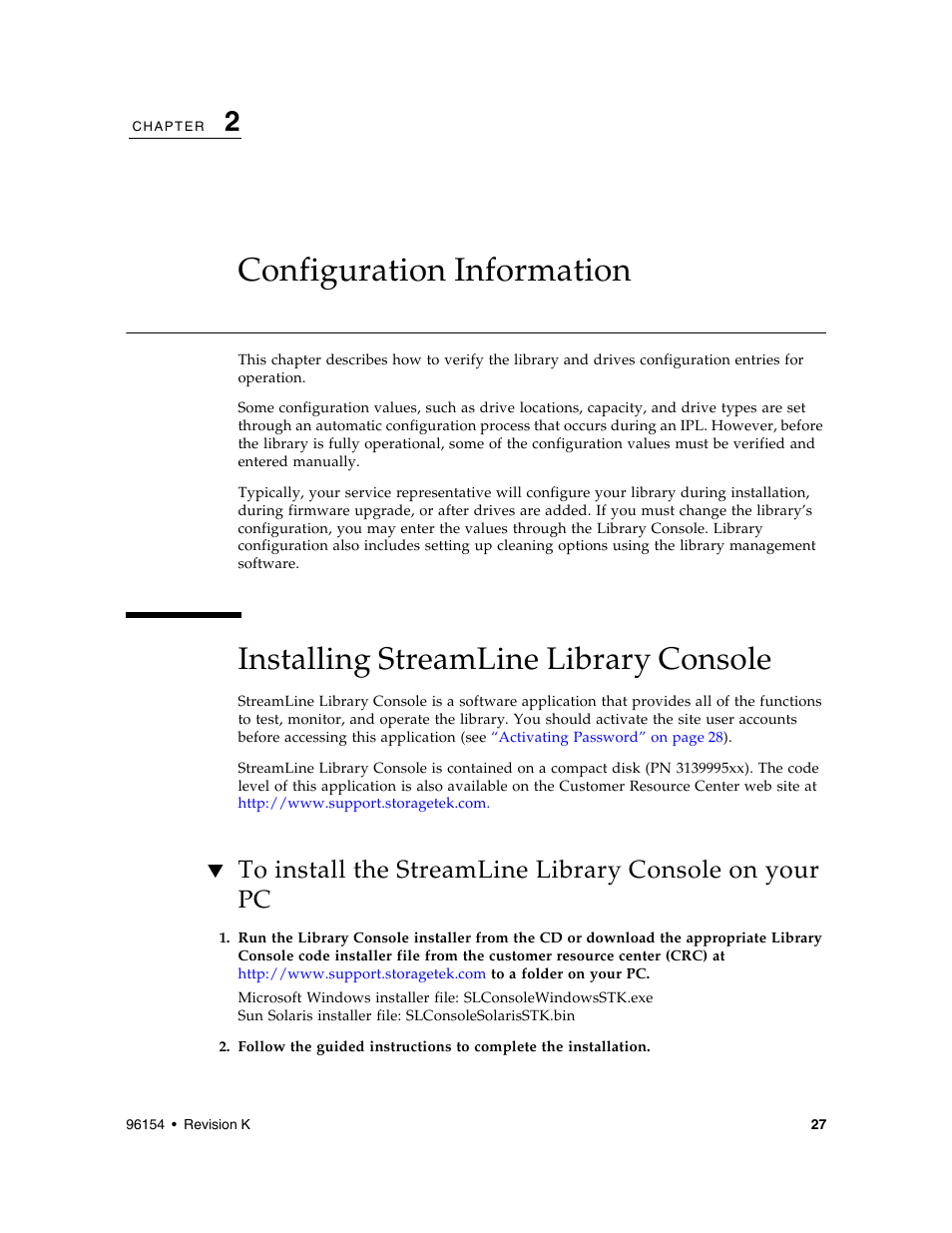 Configuration information, Installing streamline library console, Configuration information 2 | Installing streamline library console 2, Chapter 2 | Sun Microsystems StreamLine SL8500 User Manual | Page 67 / 200