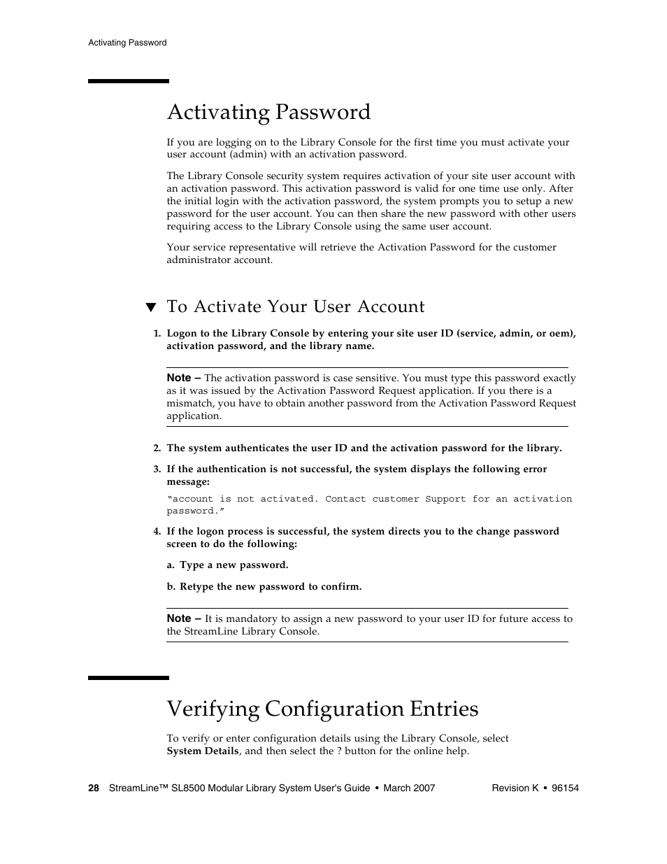 Activating password, To activate your user account, Verifying configuration entries | Sun Microsystems StreamLine SL8500 User Manual | Page 68 / 200