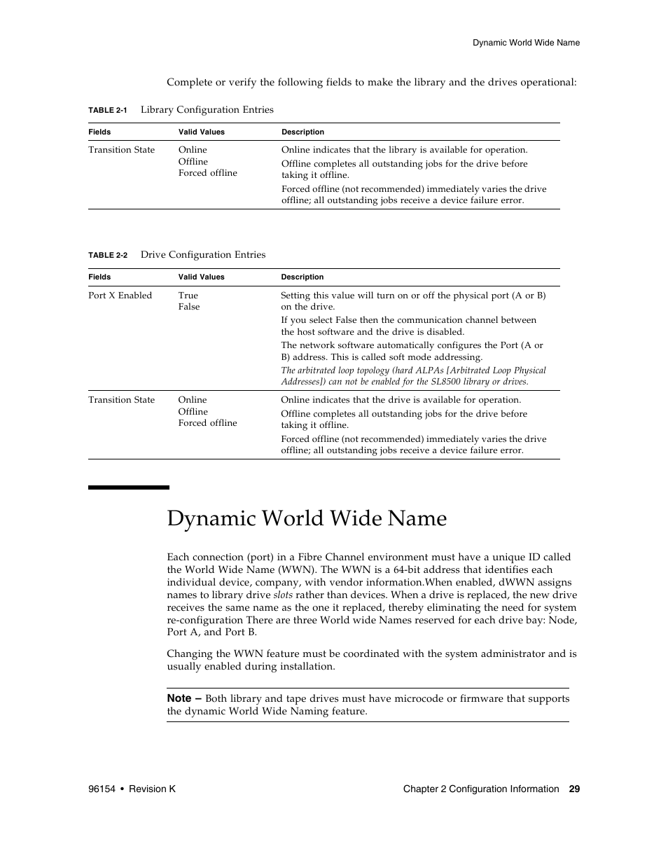 Dynamic world wide name, Dynamic world wide name 29, Table 2-1 | Table 2-2 | Sun Microsystems StreamLine SL8500 User Manual | Page 69 / 200