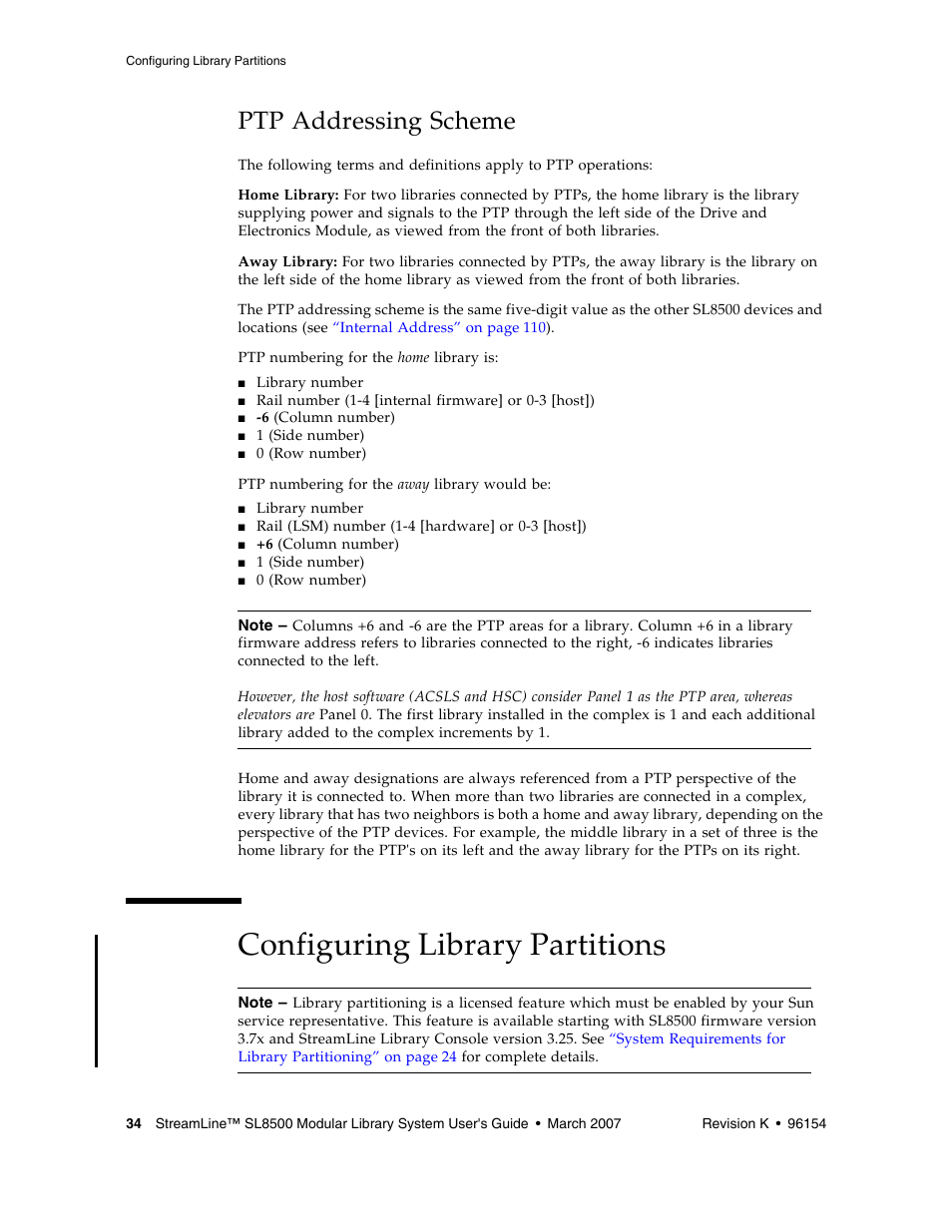 Ptp addressing scheme, Configuring library partitions, Ptp addressing scheme 34 | Configuring library partitions 34 | Sun Microsystems StreamLine SL8500 User Manual | Page 74 / 200