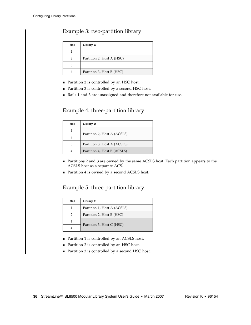 Example 3: two-partition library, Example 4: three-partition library, Example 5: three-partition library | Sun Microsystems StreamLine SL8500 User Manual | Page 76 / 200