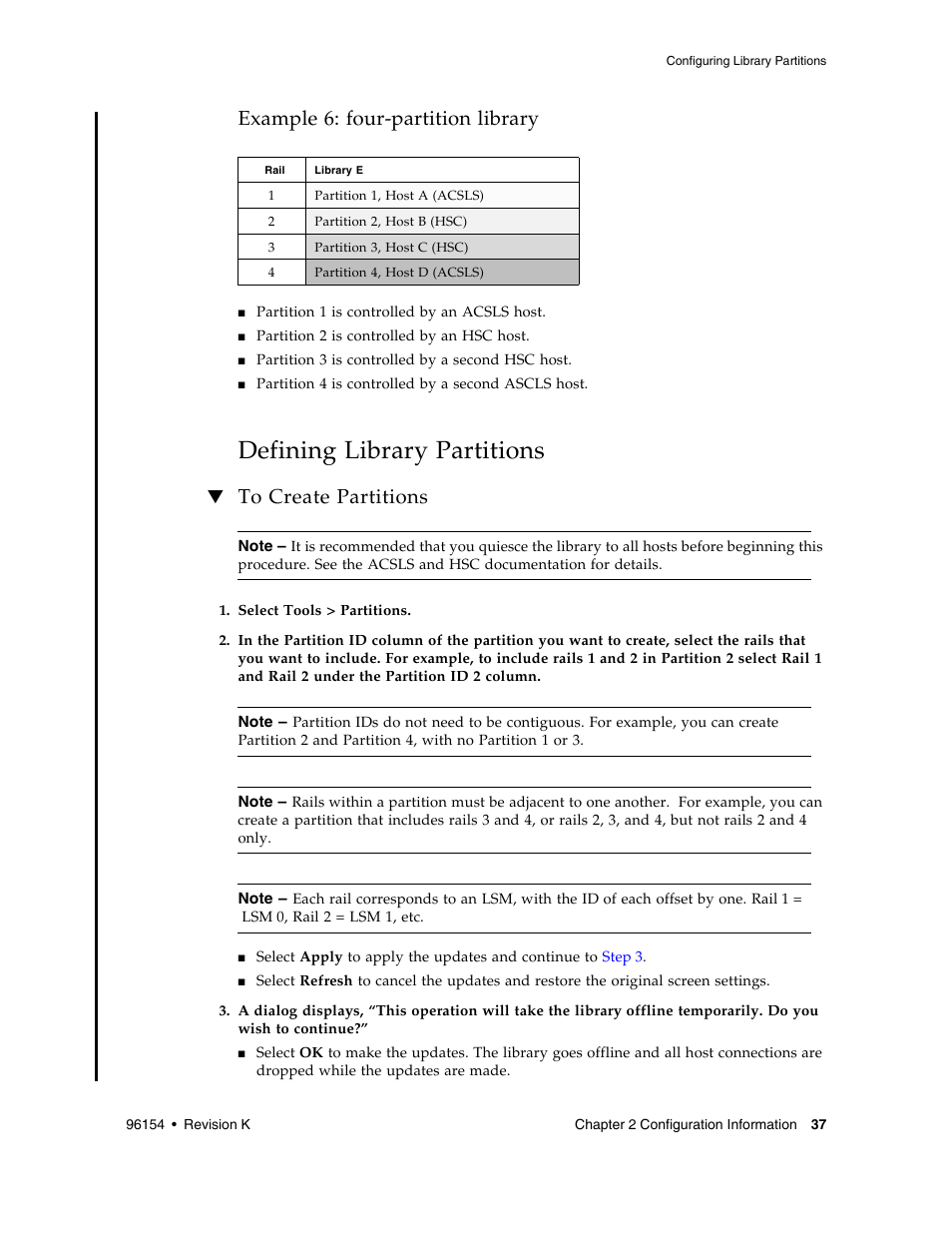 Example 6: four-partition library, Defining library partitions, To create partitions | Defining library partitions 37, To create partitions 37 | Sun Microsystems StreamLine SL8500 User Manual | Page 77 / 200