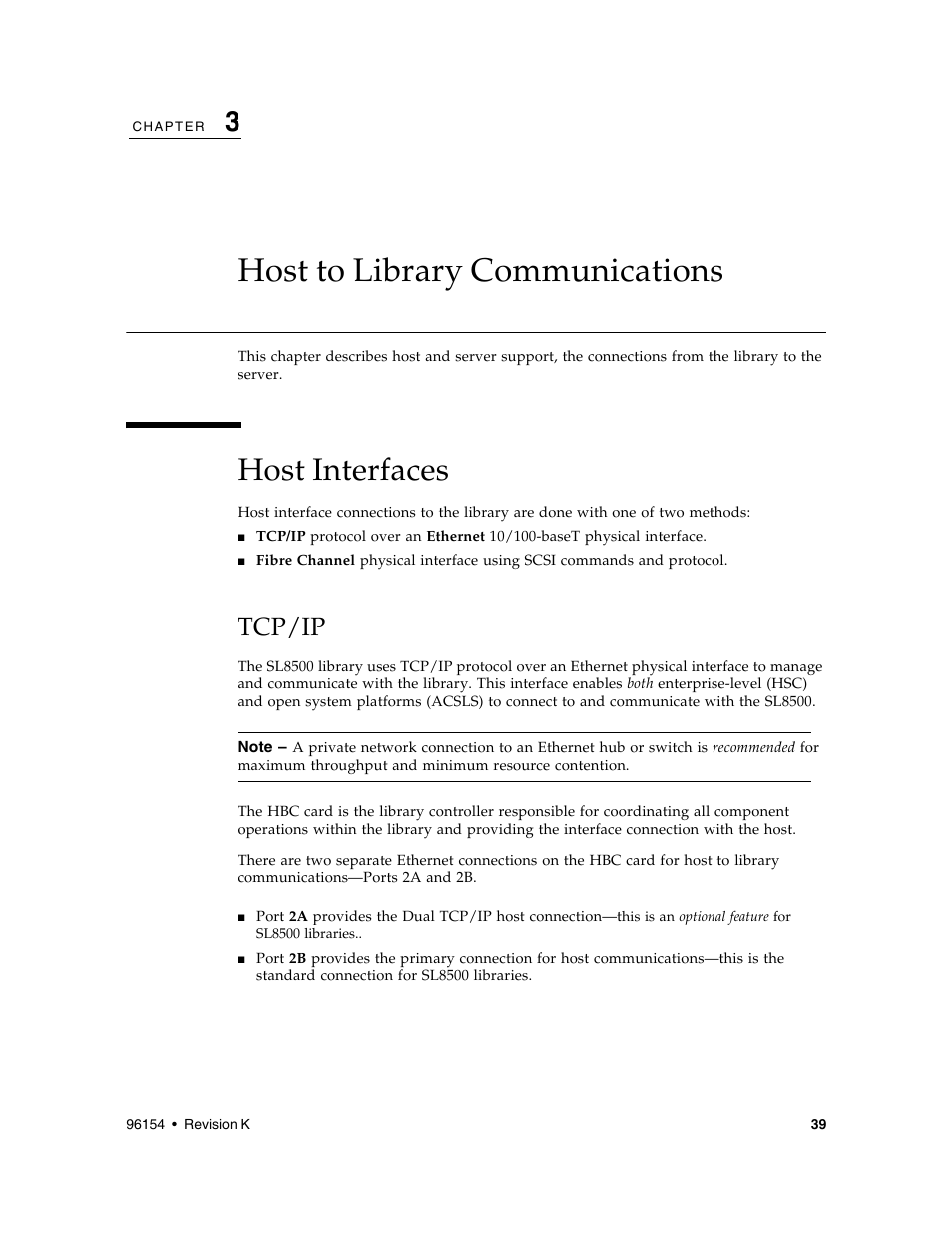 Host to library communications, Host interfaces, Tcp/ip | Host to library communications 3, Chapter 3 | Sun Microsystems StreamLine SL8500 User Manual | Page 79 / 200