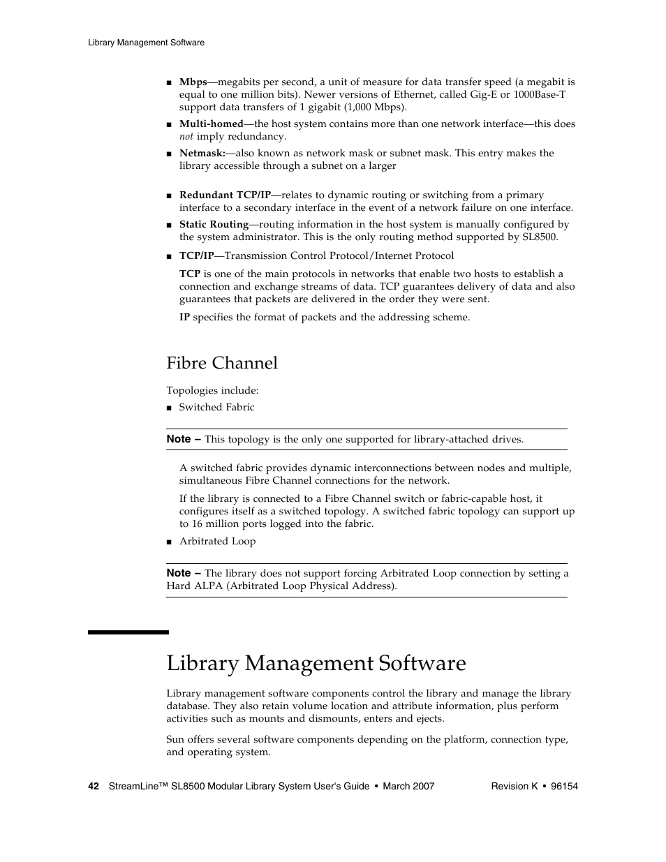 Fibre channel, Library management software, Library management software 42 | Sun Microsystems StreamLine SL8500 User Manual | Page 82 / 200