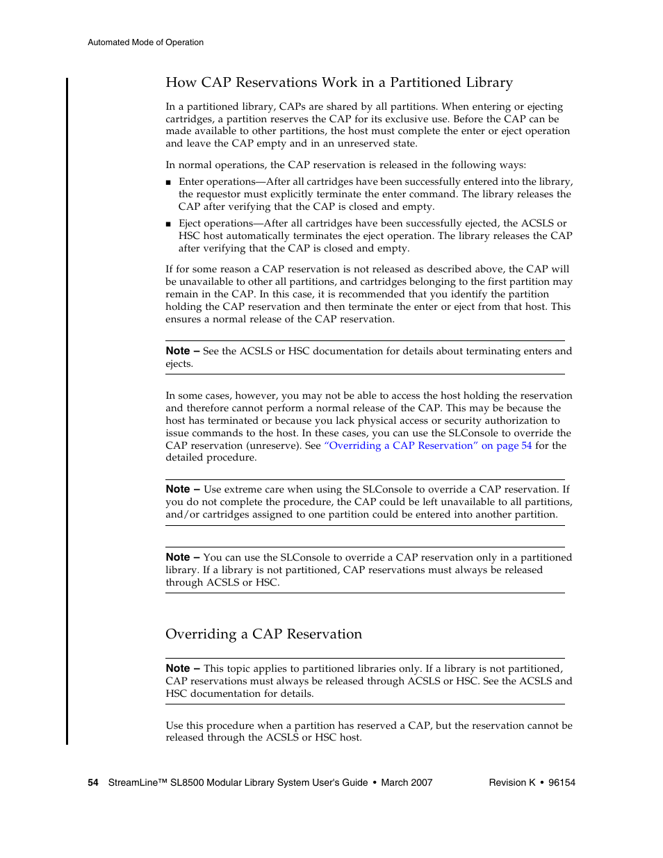 How cap reservations work in a partitioned library, Overriding a cap reservation, Overriding a cap reservation 5 | Sun Microsystems StreamLine SL8500 User Manual | Page 94 / 200