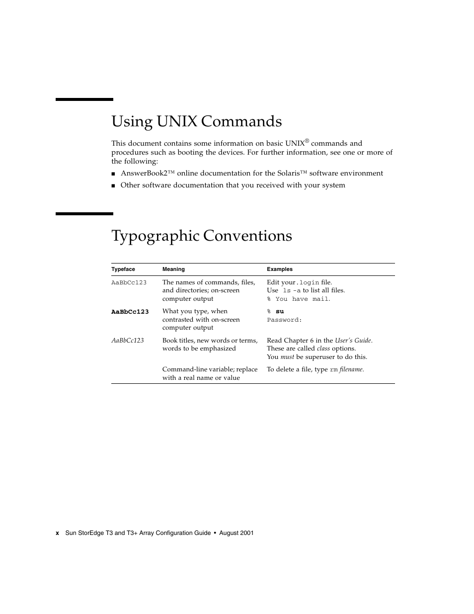 Using unix commands, Typographic conventions | Sun Microsystems Sun StorEdge T3 User Manual | Page 10 / 88