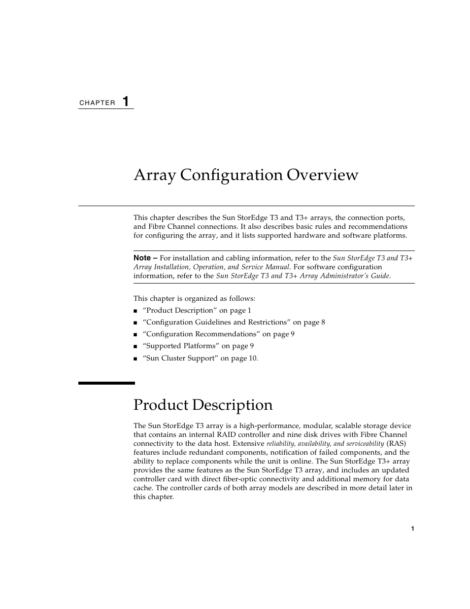 Array configuration overview, Product description, Chapter 1 | Sun Microsystems Sun StorEdge T3 User Manual | Page 13 / 88