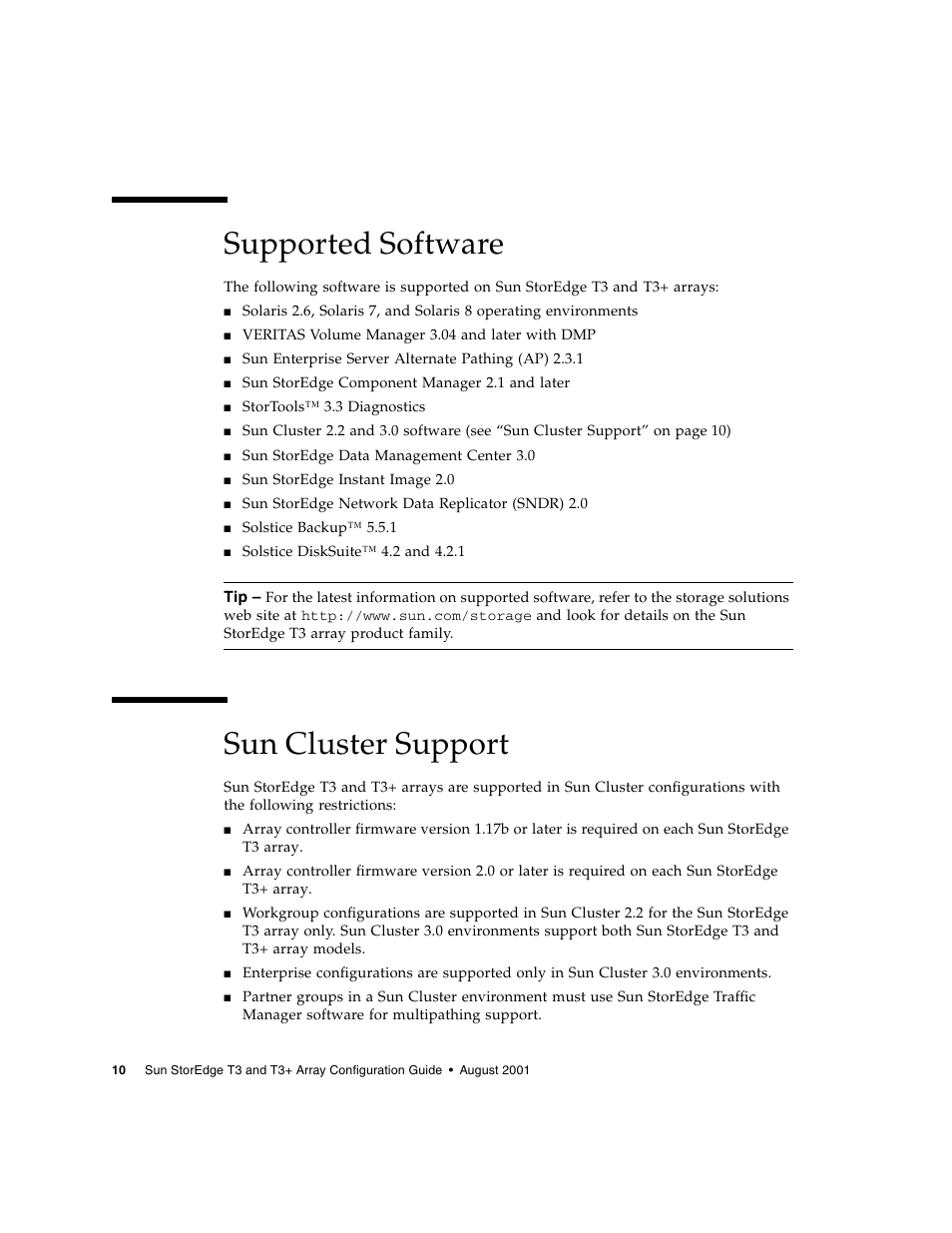 Supported software, Sun cluster support | Sun Microsystems Sun StorEdge T3 User Manual | Page 22 / 88