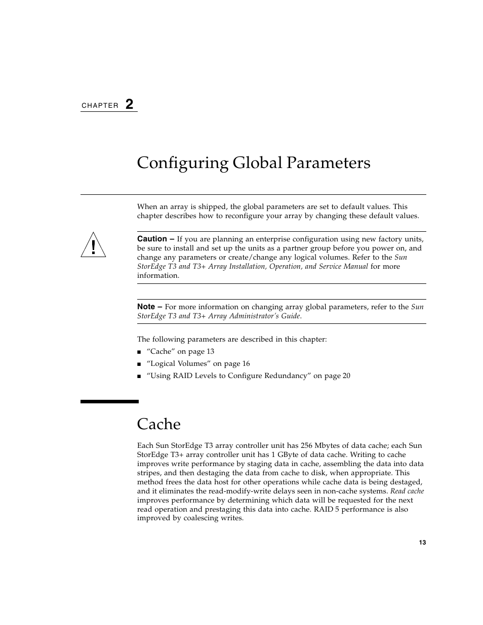 Configuring global parameters, Cache, Chapter 2 | Sun Microsystems Sun StorEdge T3 User Manual | Page 25 / 88