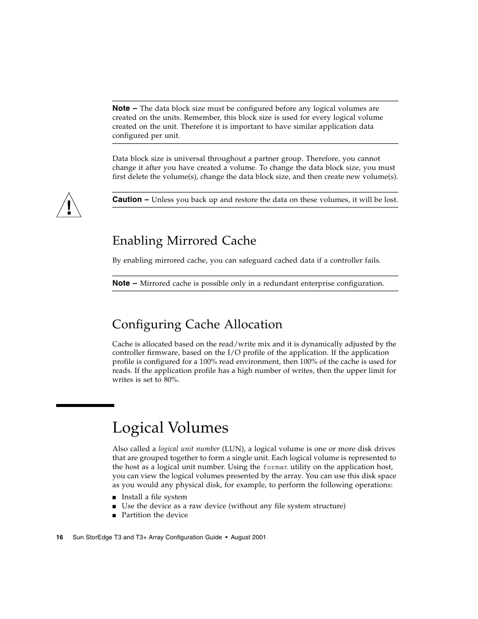 Enabling mirrored cache, Configuring cache allocation, Logical volumes | Sun Microsystems Sun StorEdge T3 User Manual | Page 28 / 88