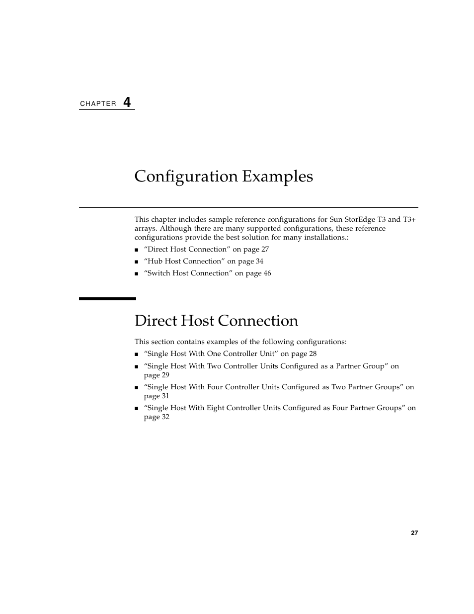 Configuration examples, Direct host connection, Chapter 4 | Sun Microsystems Sun StorEdge T3 User Manual | Page 39 / 88