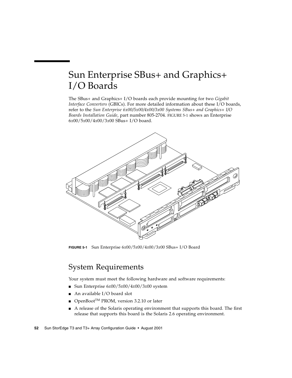 Sun enterprise sbus+ and graphics+ i/o boards, System requirements, Sun enterprise sbus+ and graphics | I/o boards | Sun Microsystems Sun StorEdge T3 User Manual | Page 64 / 88