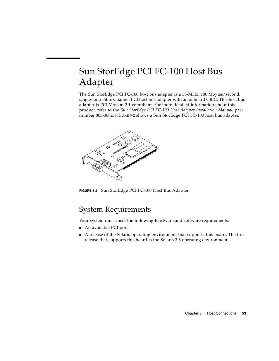 Sun storedge pci fc-100 host bus adapter, System requirements | Sun Microsystems Sun StorEdge T3 User Manual | Page 65 / 88