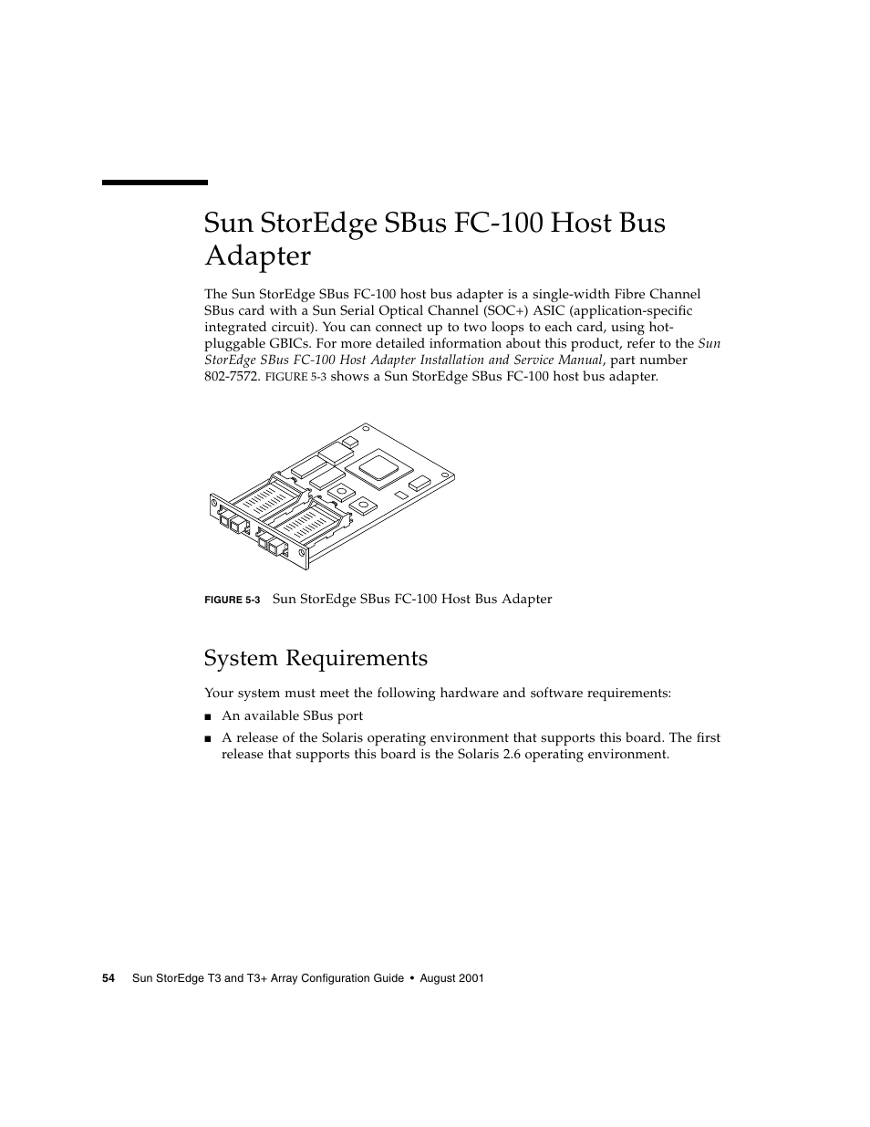 Sun storedge sbus fc-100 host bus adapter, System requirements | Sun Microsystems Sun StorEdge T3 User Manual | Page 66 / 88