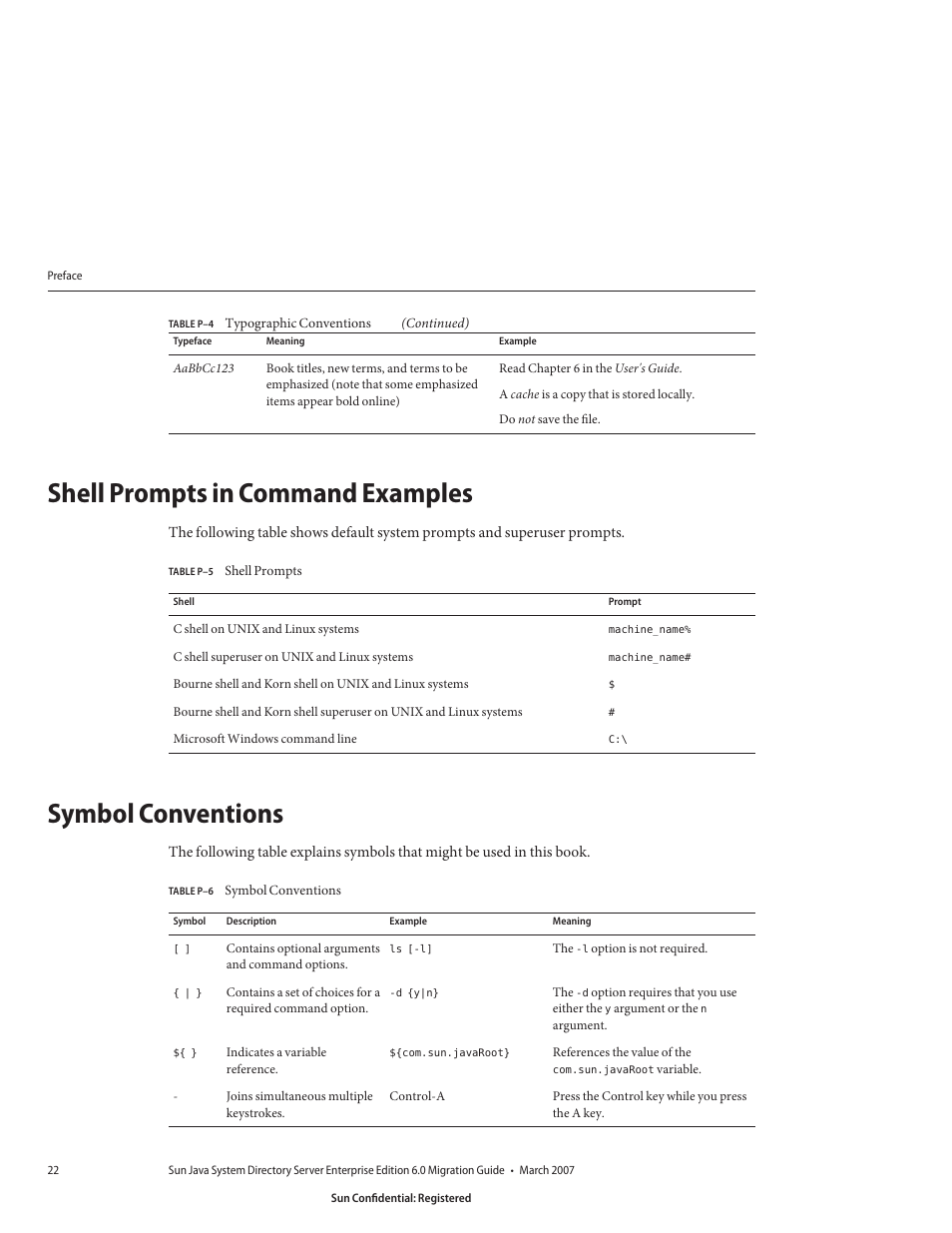 Shell prompts in command examples, Symbol conventions | Sun Microsystems 8190994 User Manual | Page 22 / 148