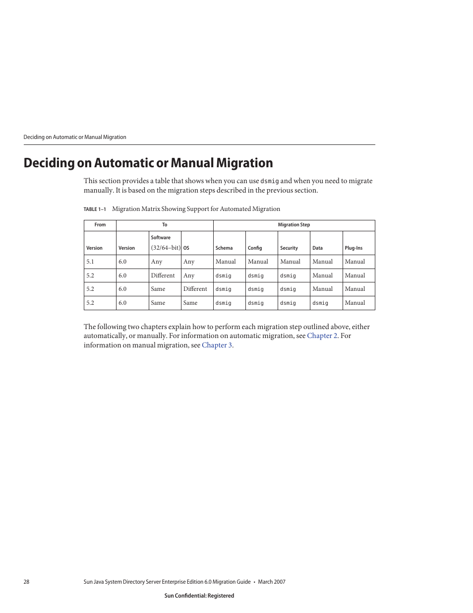 Deciding on automatic or manual migration, Table 1–1, Deciding on | Sun Microsystems 8190994 User Manual | Page 28 / 148