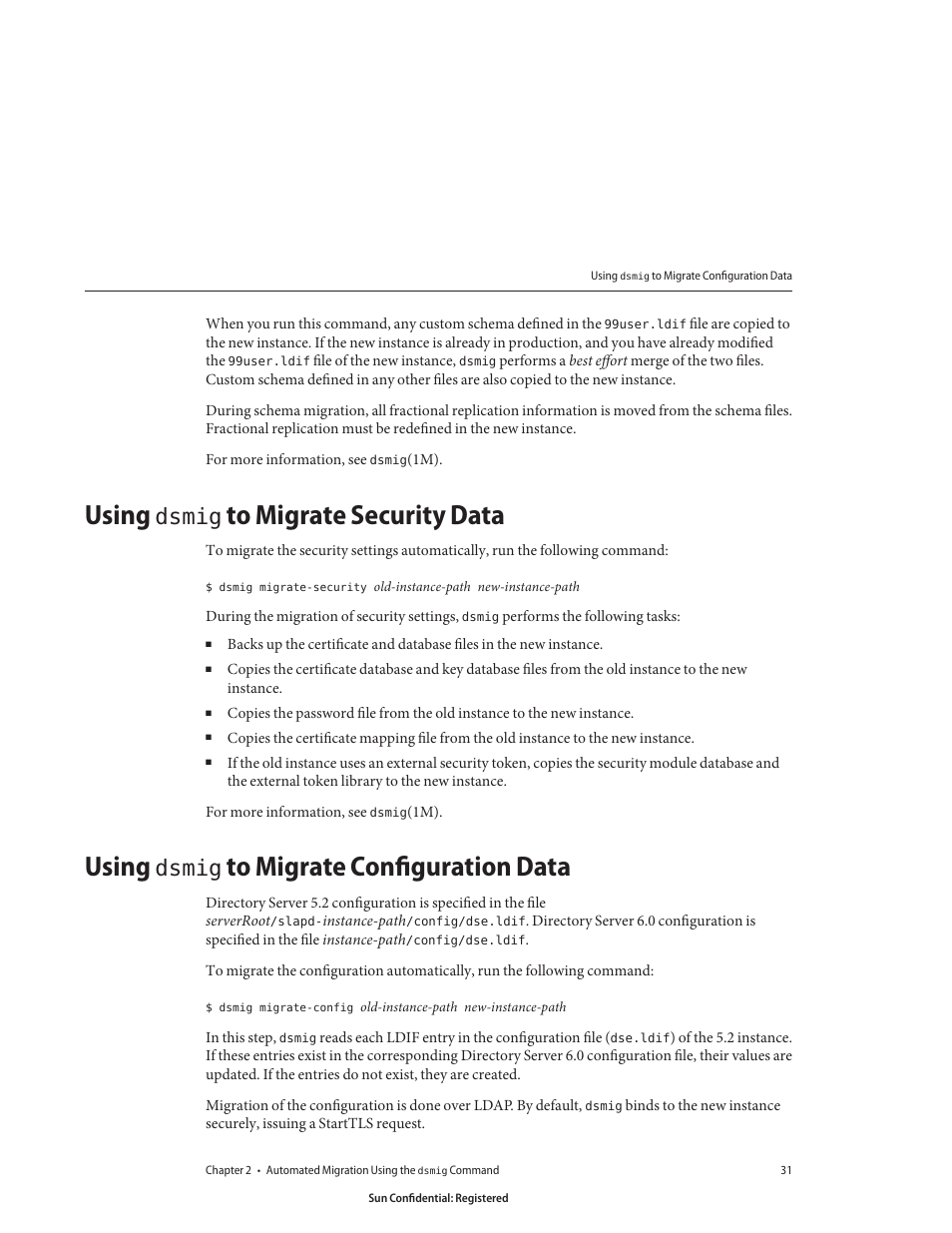 Using dsmig to migrate security data, Using dsmig to migrate configuration data | Sun Microsystems 8190994 User Manual | Page 31 / 148
