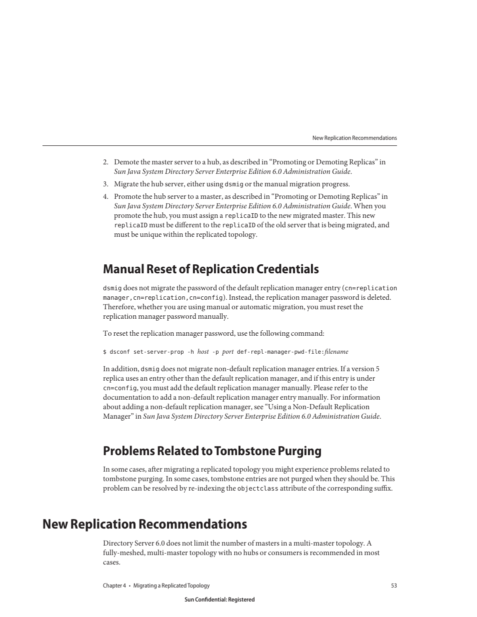 Manual reset of replication credentials, Problems related to tombstone purging, New replication recommendations | Sun Microsystems 8190994 User Manual | Page 53 / 148