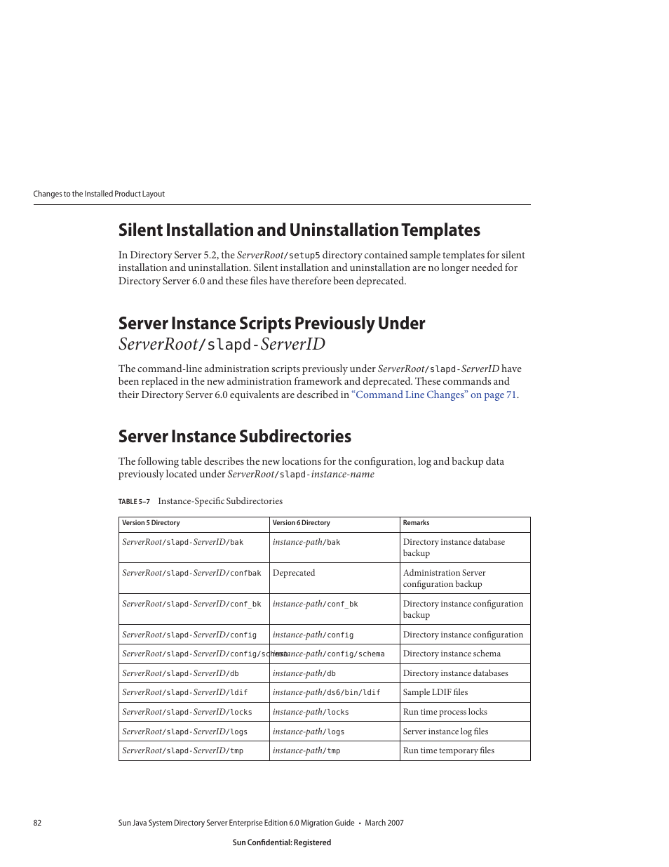 Silent installation and uninstallation templates, Server instance subdirectories, Table 5–7 | Instance-specific subdirectories | Sun Microsystems 8190994 User Manual | Page 82 / 148