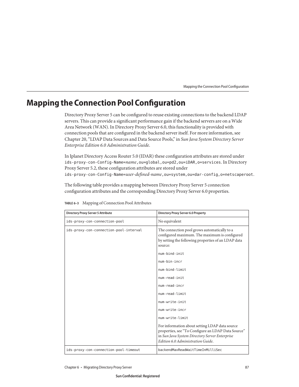 Mapping the connection pool configuration, Table 6–3, Mapping of connection pool attributes | Sun Microsystems 8190994 User Manual | Page 87 / 148