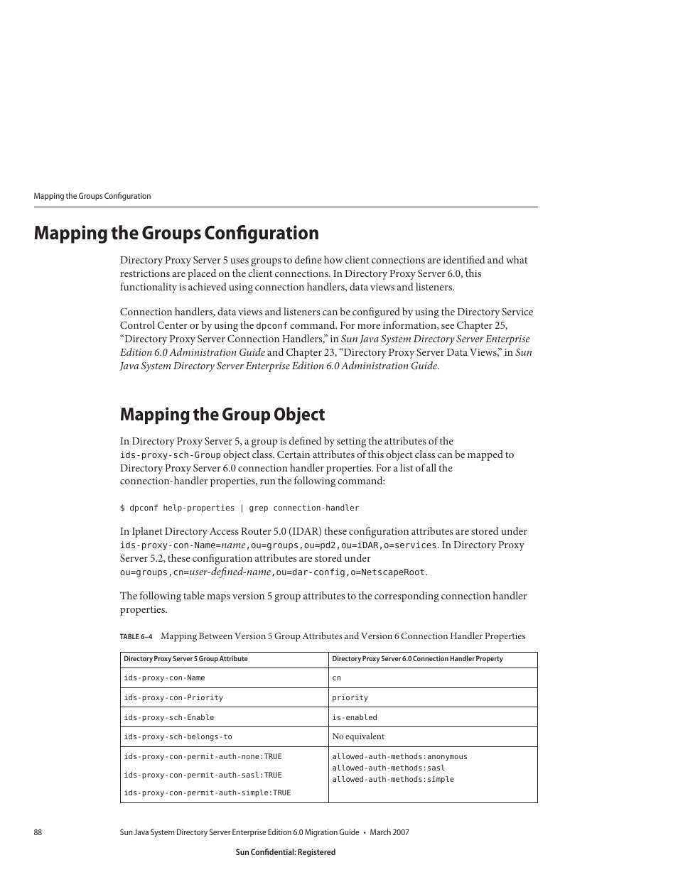 Mapping the groups configuration, Mapping the group object, Table 6–4 | Handler properties | Sun Microsystems 8190994 User Manual | Page 88 / 148