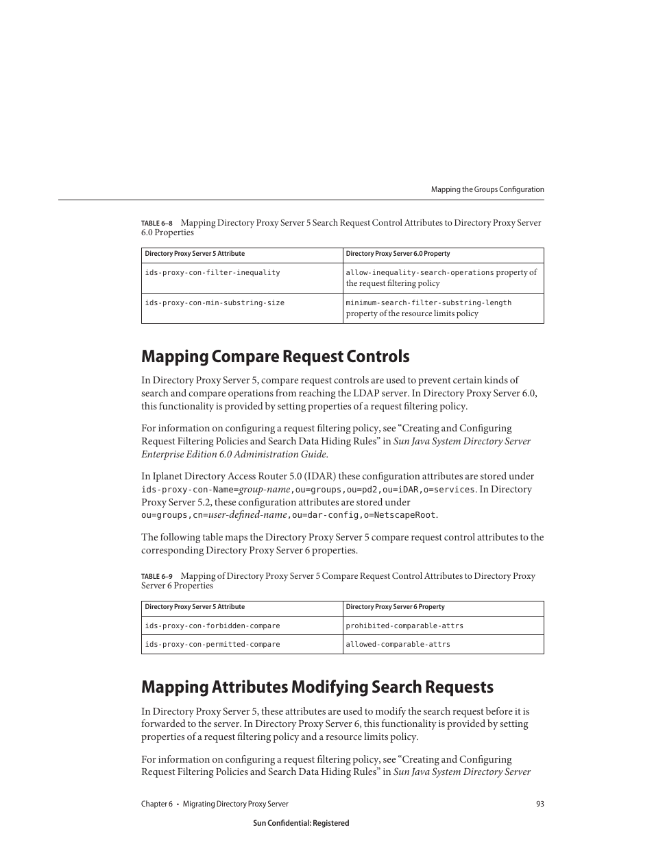 Mapping compare request controls, Mapping attributes modifying search requests, Table 6–8 | Directory proxy server 6.0 properties, Table 6–9, Directory proxy server 6 properties | Sun Microsystems 8190994 User Manual | Page 93 / 148