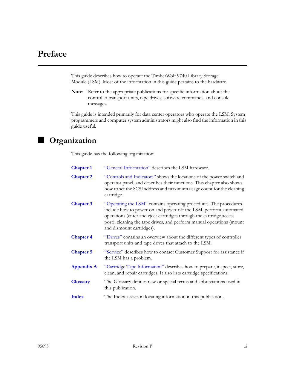 Preface, Organization | Sun Microsystems TIMBERWOLF 9740 User Manual | Page 13 / 100