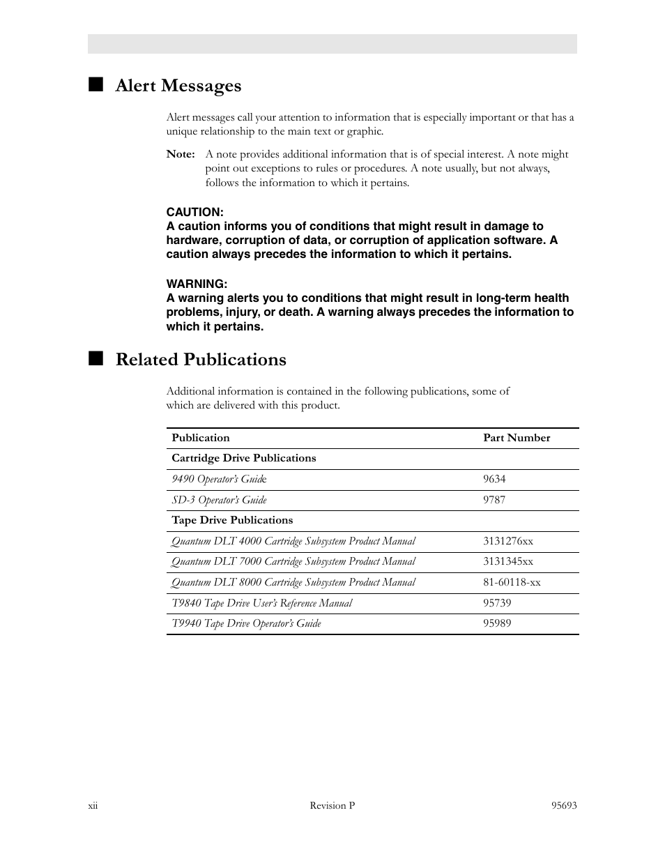 Alert messages, Related publications | Sun Microsystems TIMBERWOLF 9740 User Manual | Page 14 / 100