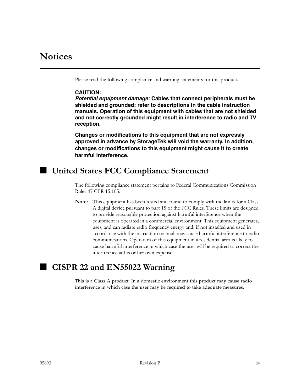 Notices, United states fcc compliance statement, Cispr 22 and en55022 warning | Sun Microsystems TIMBERWOLF 9740 User Manual | Page 17 / 100