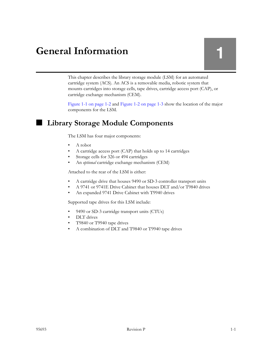 General information, Library storage module components, General information -1 | Library storage module components -1, Chapter 1, Describes the lsm hardw | Sun Microsystems TIMBERWOLF 9740 User Manual | Page 21 / 100