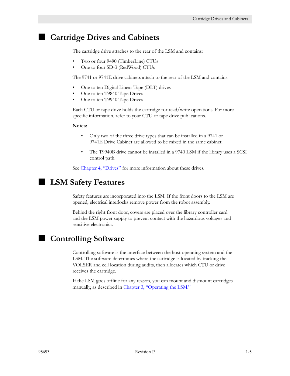 Cartridge drives and cabinets, Lsm safety features, Controlling software | Sun Microsystems TIMBERWOLF 9740 User Manual | Page 25 / 100