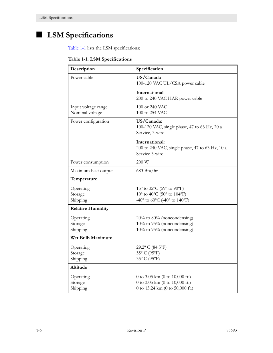 Lsm specifications, Lsm specifications -6, Table 1-1. lsm specifications -6 | Sun Microsystems TIMBERWOLF 9740 User Manual | Page 26 / 100