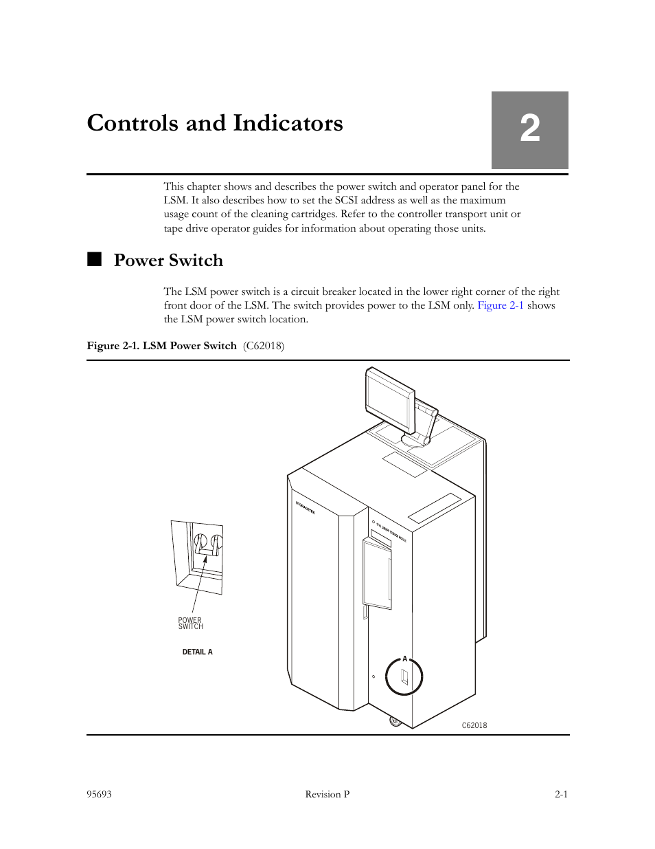 Controls and indicators, Power switch, Controls and indicators -1 | Power switch -1, Figure 2-1. lsm power switch -1, Chapter 2 | Sun Microsystems TIMBERWOLF 9740 User Manual | Page 27 / 100