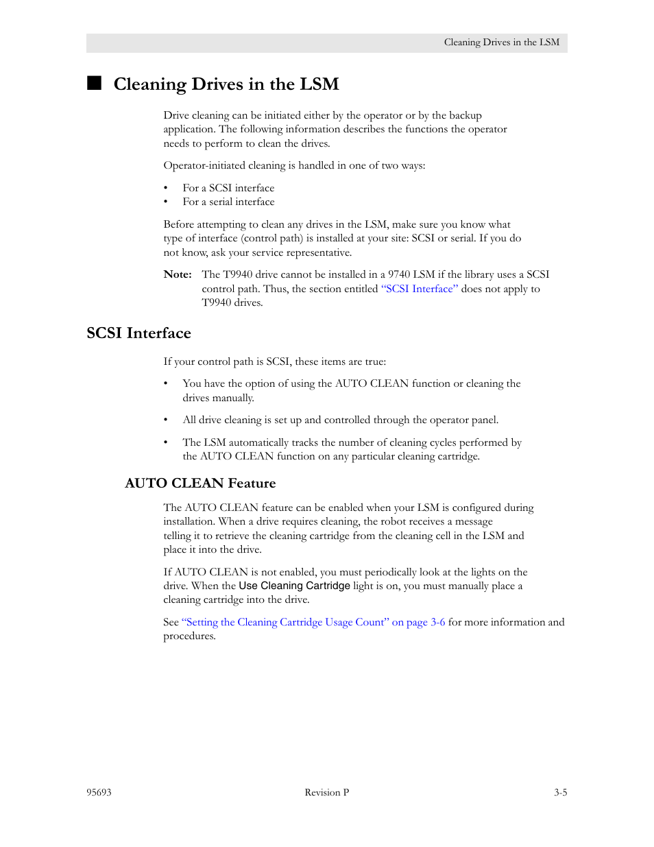 Cleaning drives in the lsm, Scsi interface, Auto clean feature | Cleaning drives in the lsm -5, Scsi interface -5, Auto clean feature -5 | Sun Microsystems TIMBERWOLF 9740 User Manual | Page 37 / 100