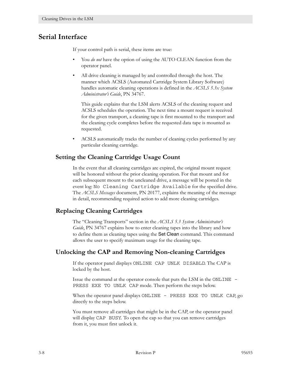 Serial interface, Setting the cleaning cartridge usage count, Replacing cleaning cartridges | Serial interface -8 | Sun Microsystems TIMBERWOLF 9740 User Manual | Page 40 / 100