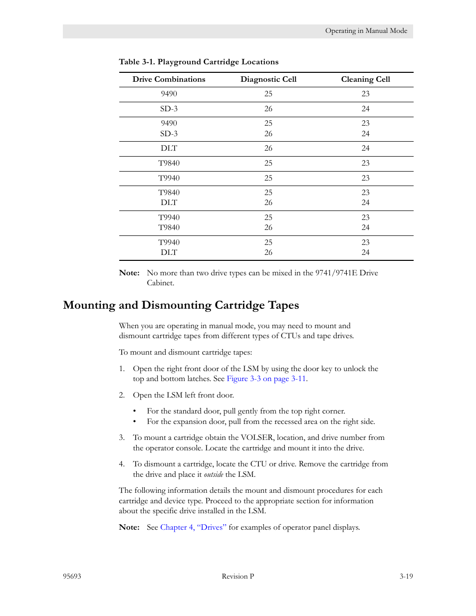 Mounting and dismounting cartridge tapes, Mounting and dismounting cartridge tapes -19, Table 3-1. playground cartridge locations -19 | Sun Microsystems TIMBERWOLF 9740 User Manual | Page 51 / 100