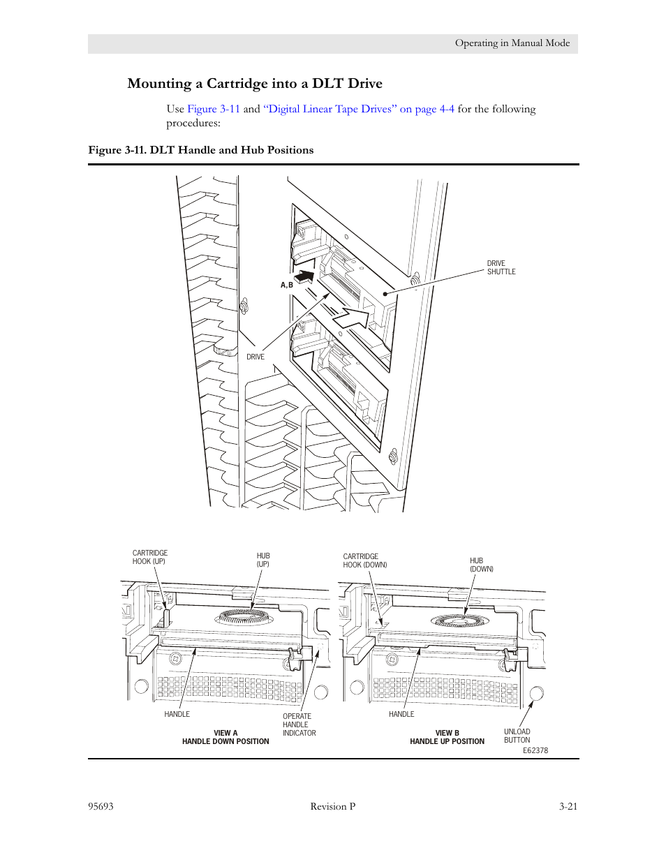 Mounting a cartridge into a dlt drive, Mounting a cartridge into a dlt drive -21, Figure 3-11. dlt handle and hub positions -21 | Sun Microsystems TIMBERWOLF 9740 User Manual | Page 53 / 100