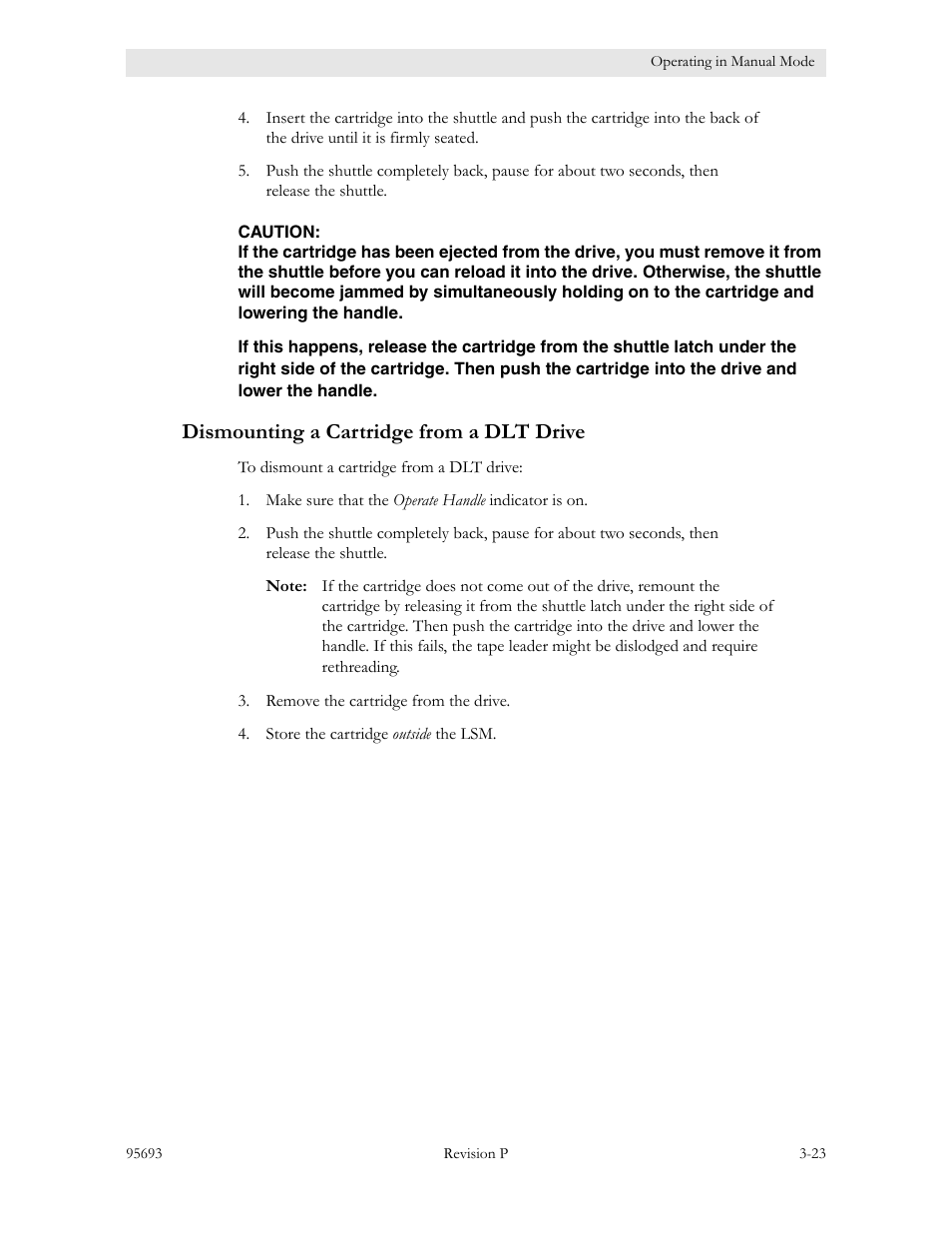 Dismounting a cartridge from a dlt drive, Dismounting a cartridge from a dlt drive -23 | Sun Microsystems TIMBERWOLF 9740 User Manual | Page 55 / 100