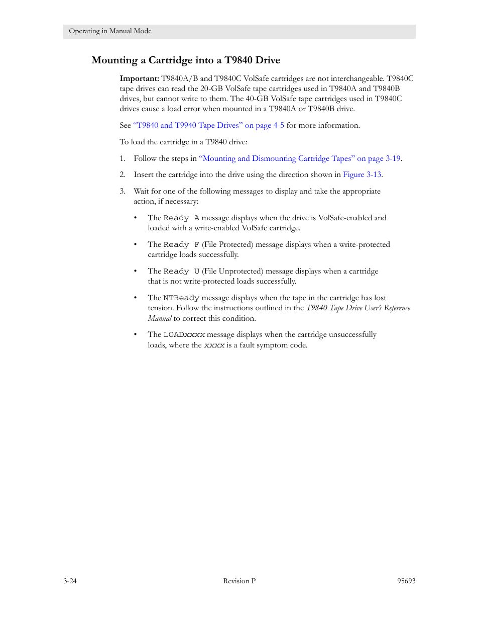 Mounting a cartridge into a t9840 drive, Mounting a cartridge into a t9840 drive -24 | Sun Microsystems TIMBERWOLF 9740 User Manual | Page 56 / 100