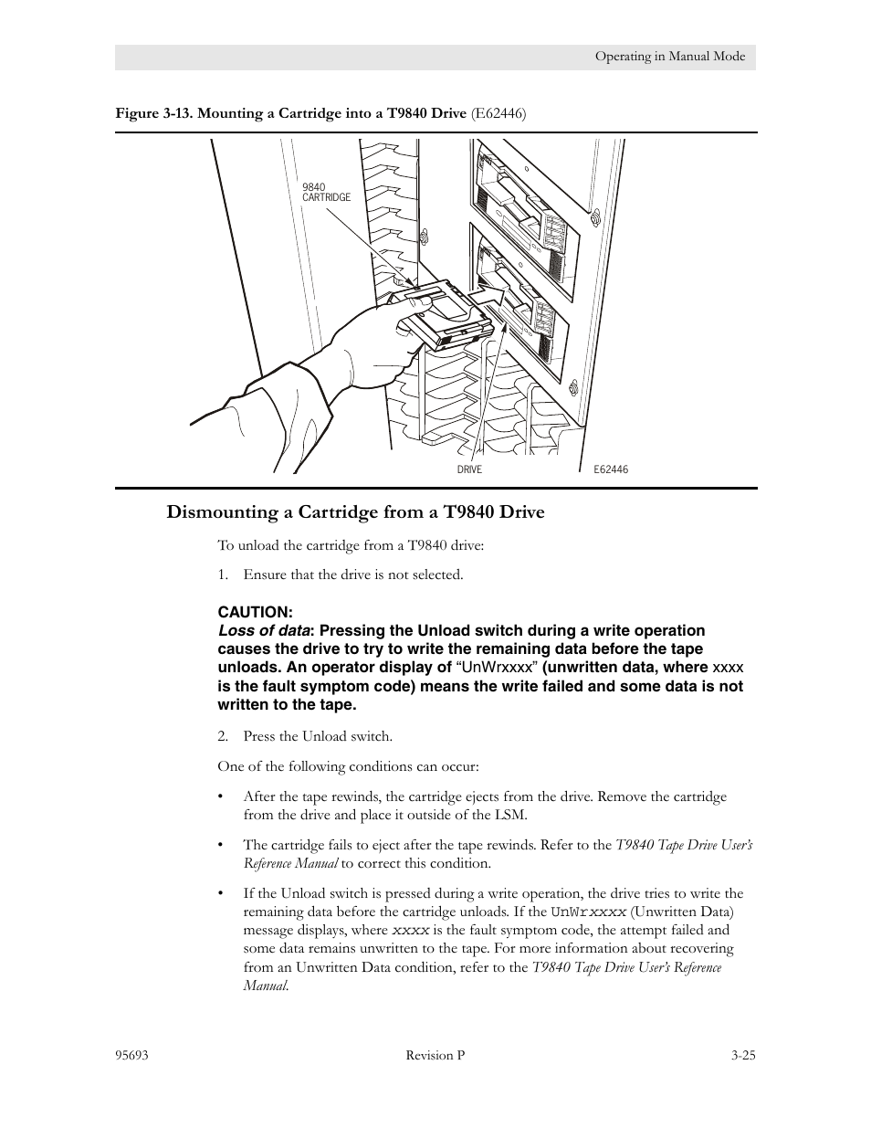 Dismounting a cartridge from a t9840 drive, Dismounting a cartridge from a t9840 drive -25, Figure 3-13 | Sun Microsystems TIMBERWOLF 9740 User Manual | Page 57 / 100