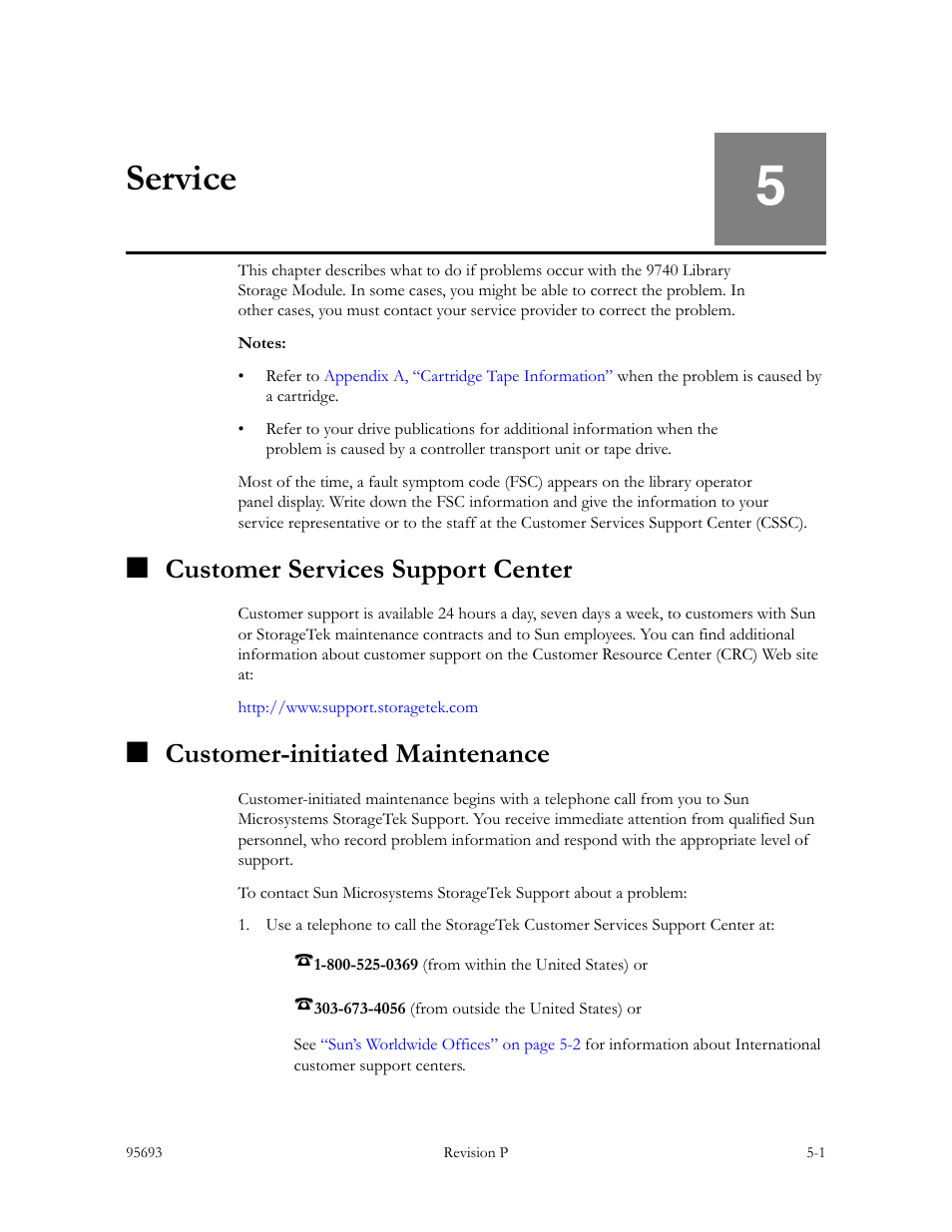 Service, Customer services support center, Customer-initiated maintenance | Service -1, Chapter 5, Describes | Sun Microsystems TIMBERWOLF 9740 User Manual | Page 69 / 100