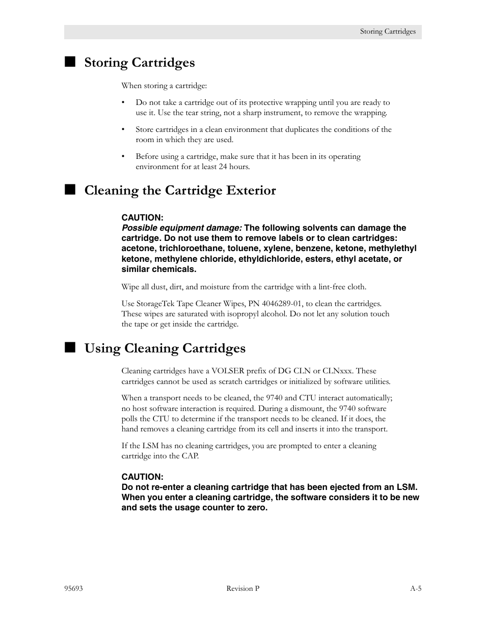 Storing cartridges, Cleaning the cartridge exterior, Using cleaning cartridges | Sun Microsystems TIMBERWOLF 9740 User Manual | Page 75 / 100