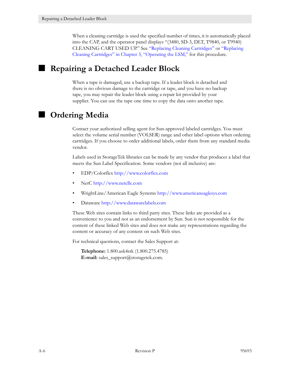 Repairing a detached leader block, Ordering media | Sun Microsystems TIMBERWOLF 9740 User Manual | Page 76 / 100