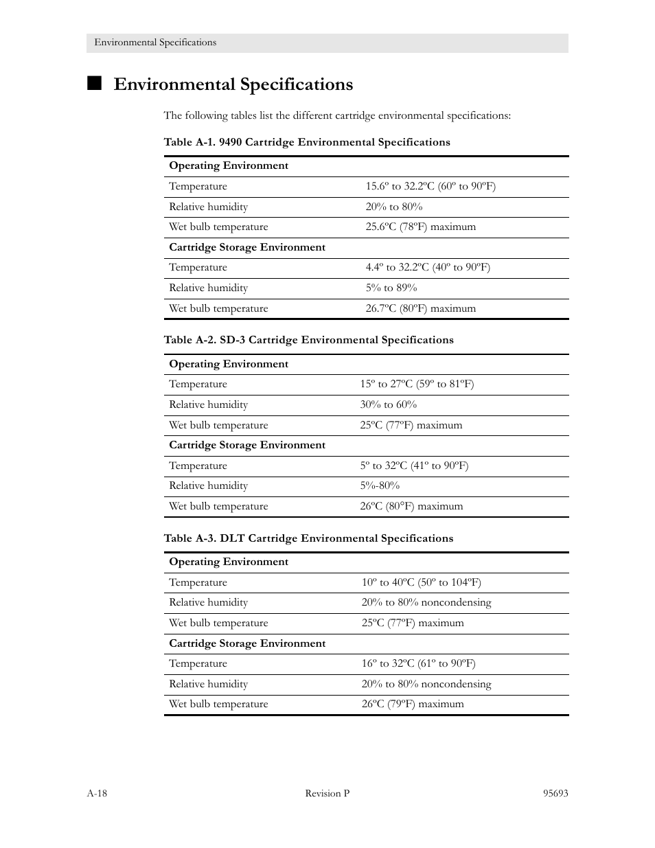 Environmental specifications | Sun Microsystems TIMBERWOLF 9740 User Manual | Page 88 / 100